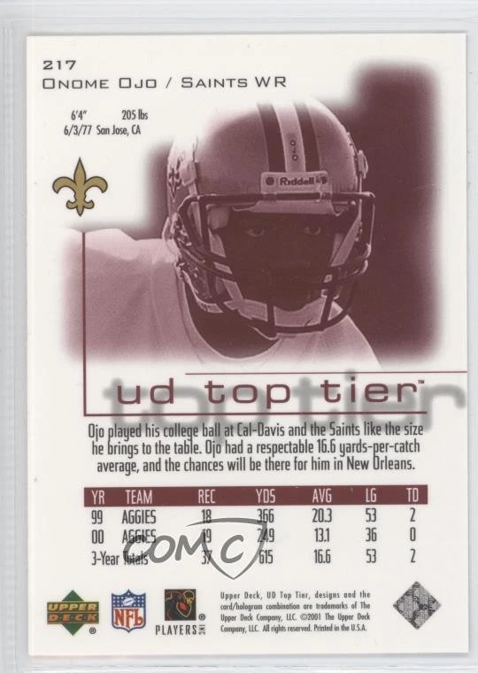 2001 Upper Deck UD Top Tier Rookie /2500 Onome Ojo Onomo Ojo #217 Rookie RC - Image 2 of 2