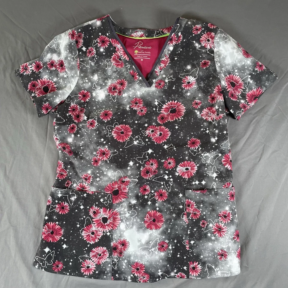 Healing Hands Scrub Top Bundle Of 5 Women’s Medium Floral Medical Nursing - Image 2 of 4