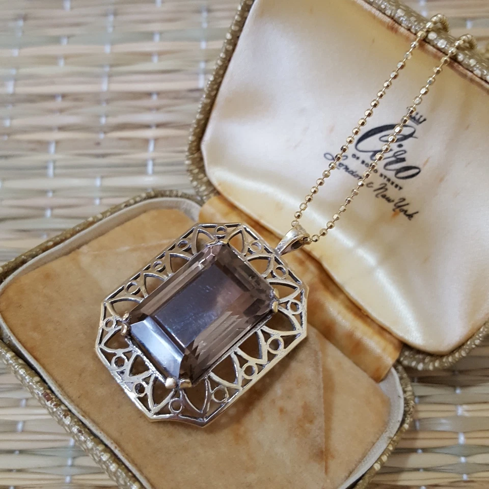 Collar vintage de plata de ley 925, colgante de cuarzo ahumado grande natural, oro Foto 4 de 4