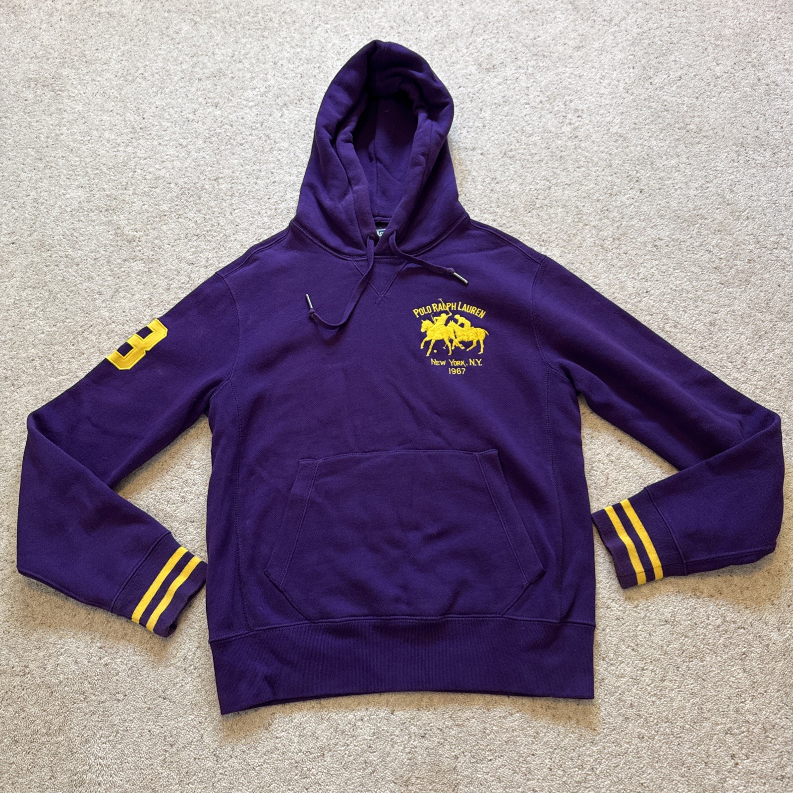 Vintage Polo Ralph Lauren felpa con cappuccio uomo piccolo viola stampede pony pullover
