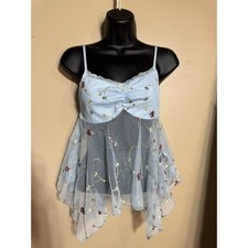 Y2k Inspire Fairy Top XS Embroidered Floral Babydoll Strappy Blue Fairycore