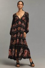 Farm Rio Chenille Black Floral Maxi Dress Sz Extra Small