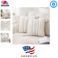 Summer Decorative Boho Throw Pillow Covers 18x18 Set of 2, Accent Neutral Tex...