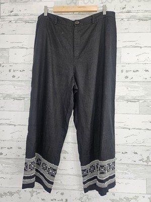 Saks Fifth Avenue Embroidered 100% Linen Cropped Pants Black Women XL