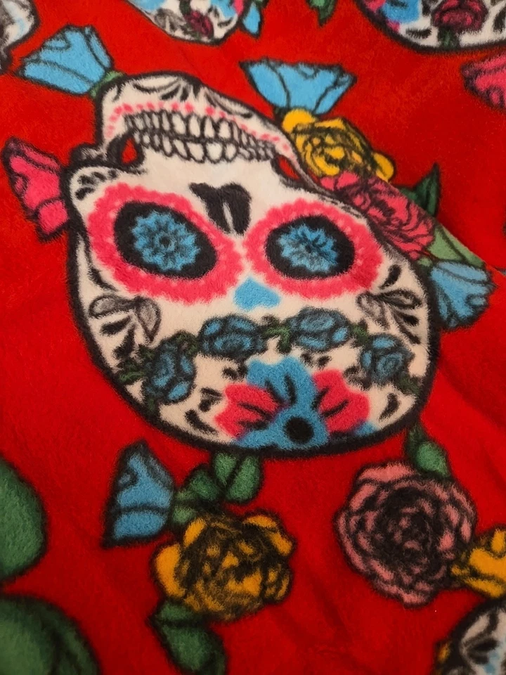 Sugar Skull Day Of Dead Roses Fleece 1.5 Yard X 60" PRECUT  Fabric DIY Red Blue - Image 3 of 4