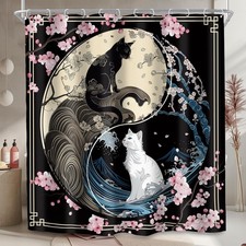 Japanese Shower Curtain 72Wx72L Inch Cherry Blossom Cat Yin-yang Black and Wh...