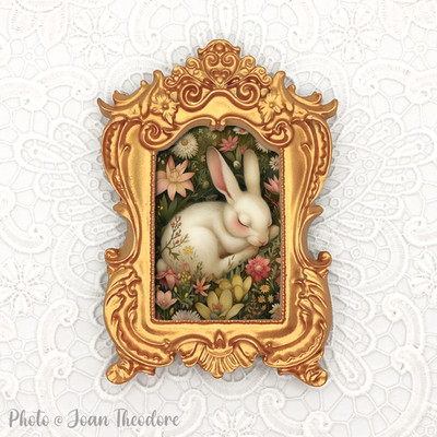 Sleeping White Rabbit Flowers, Mini Art Print in Gold Vintage Style Ornate Frame