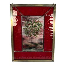 YMS Tree Of Life Red Green Pink Stained Glass Hanging Window Panel Handmade