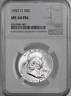 1953-D 50C FRANKLIN SILVER HALF DOLLAR FULL BELL LINES NGC MS64 FBL #8164569-001