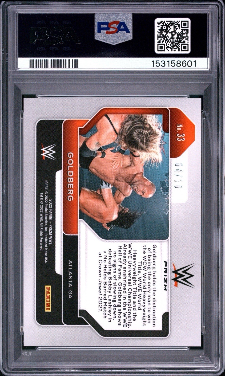 PSA 10 2022 Panini Prizm WWE - Goldberg #33 Blue Shimmer FOTL Prizm /10 view 2