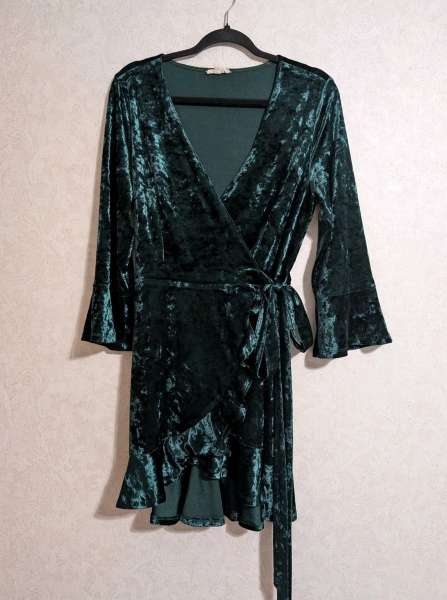 In Loom Crushed Velvet Mini Dress Holiday Green Wrap Belted Size L