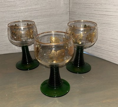 Vintage Luminarc Green Gold Leaf Grape Bockling Pattern 4 oz Goblet Set Of 3
