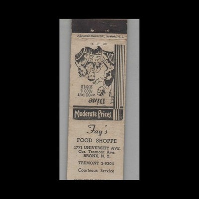 1930s Matchbook Cover Advertizit Match Co Fay's Food Shoppe Bronx, NY