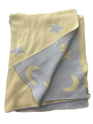Knitworks Baby Blanket Sweater Like - Blue Yellow Moons Stars 100% Cotton