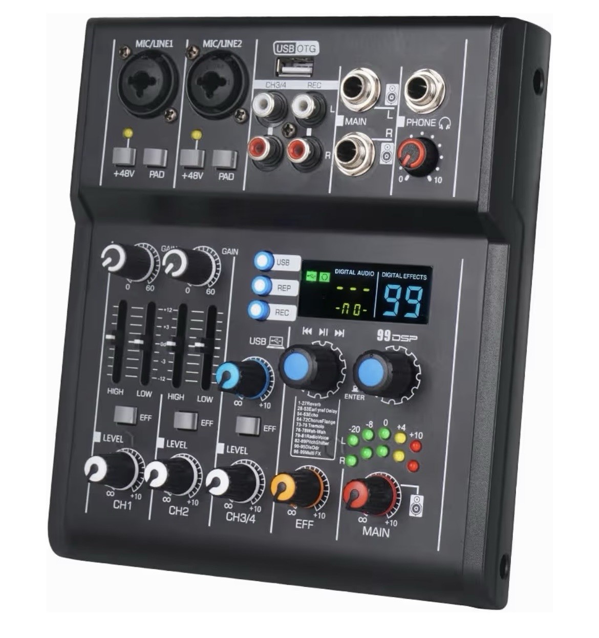 NG-3 4 Channel DJ Audio Mixer, 48v Phantom, 99 Effects, USB, Bluetooth MP3