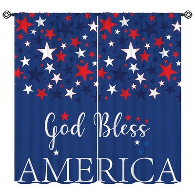 4th of July Curtains, Flag God Bless Red Blue Stars Pattern Holiday Window Tr...