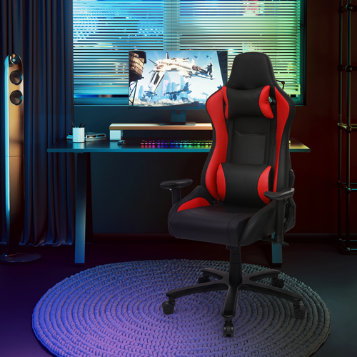 Red Leather[CARBON FIBER FABRIC]Ergonomic Game Racing Chair Swivel Computer Seat - Picture 4 of 14