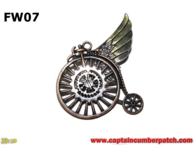 steampunk brooch badge copper penny farthing silver cogs gearwheels wing #FW07