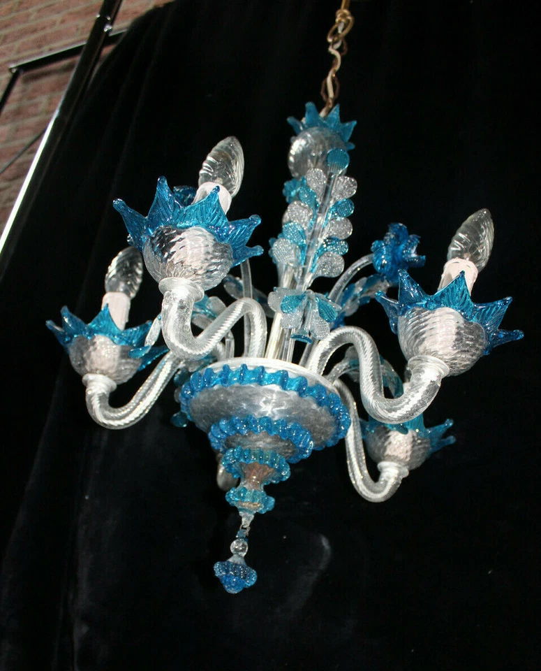 Murano hand blown blue clear glass chandelier lamp italian 1970  - Image 2 of 4