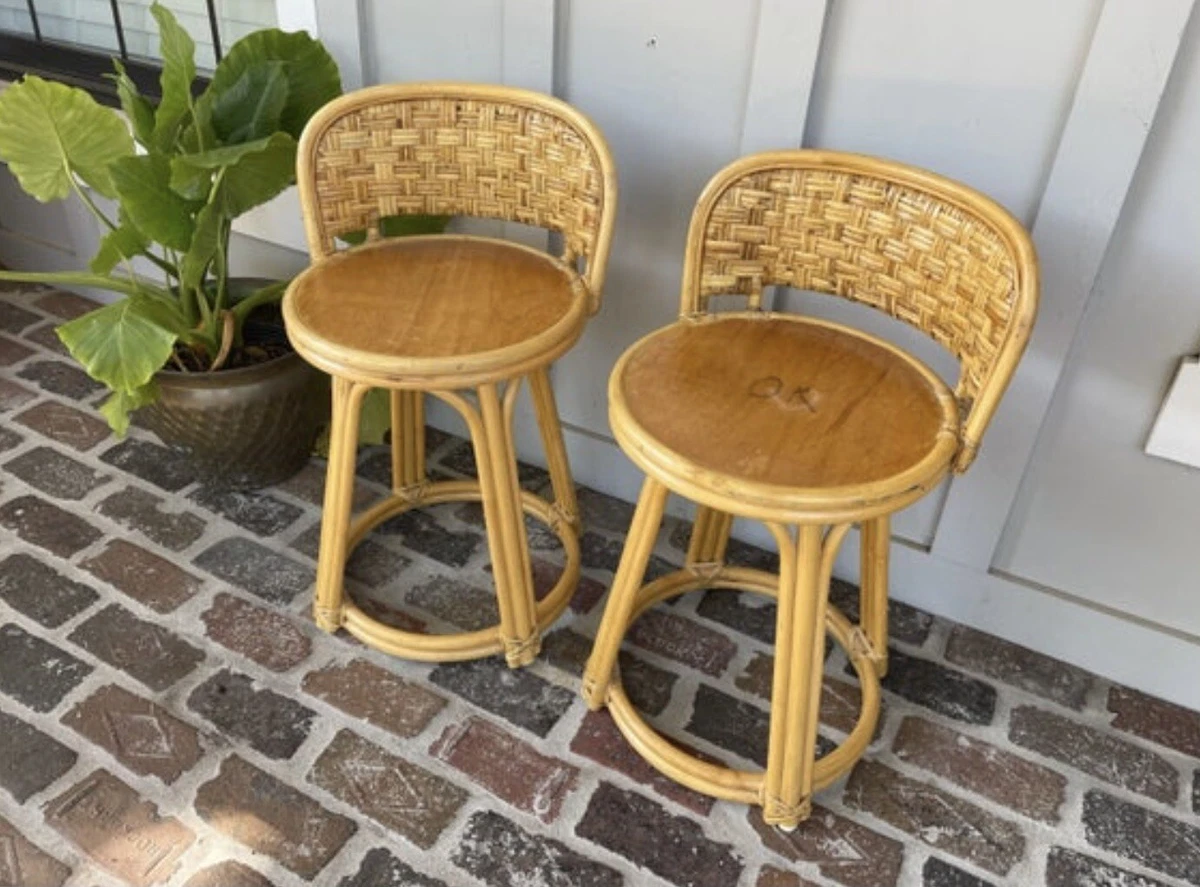 Vintage Rattan Swivel Barstools Bamboo Boho Bentwood Coastal Beach