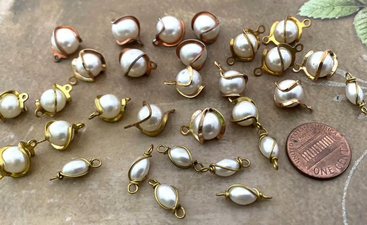 Vintage Metal Wrapped Lucite Pearl Charms Connector Beads Mix 30