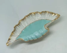 Vtg. Unique Kaolena California Green Cream Shell Candy/nuts Dish. Gold Accents