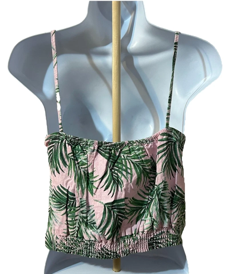 Camiseta sin mangas Kensie de mezcla de lino recortada cami para mujer mediana rosa verde hojas de plátano Foto 2 de 4