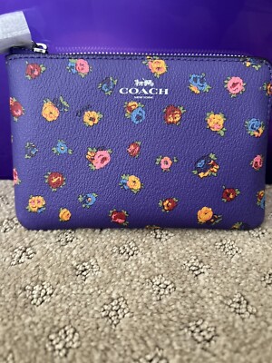 Coach Corner Zip Mini Vintage Rose Print Wristlet Pouch - SV/Sport Purple Multi