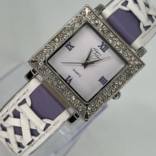 Purple White Laced Style Band Women Watch Leather Band Silver Dial NEW BATTERY