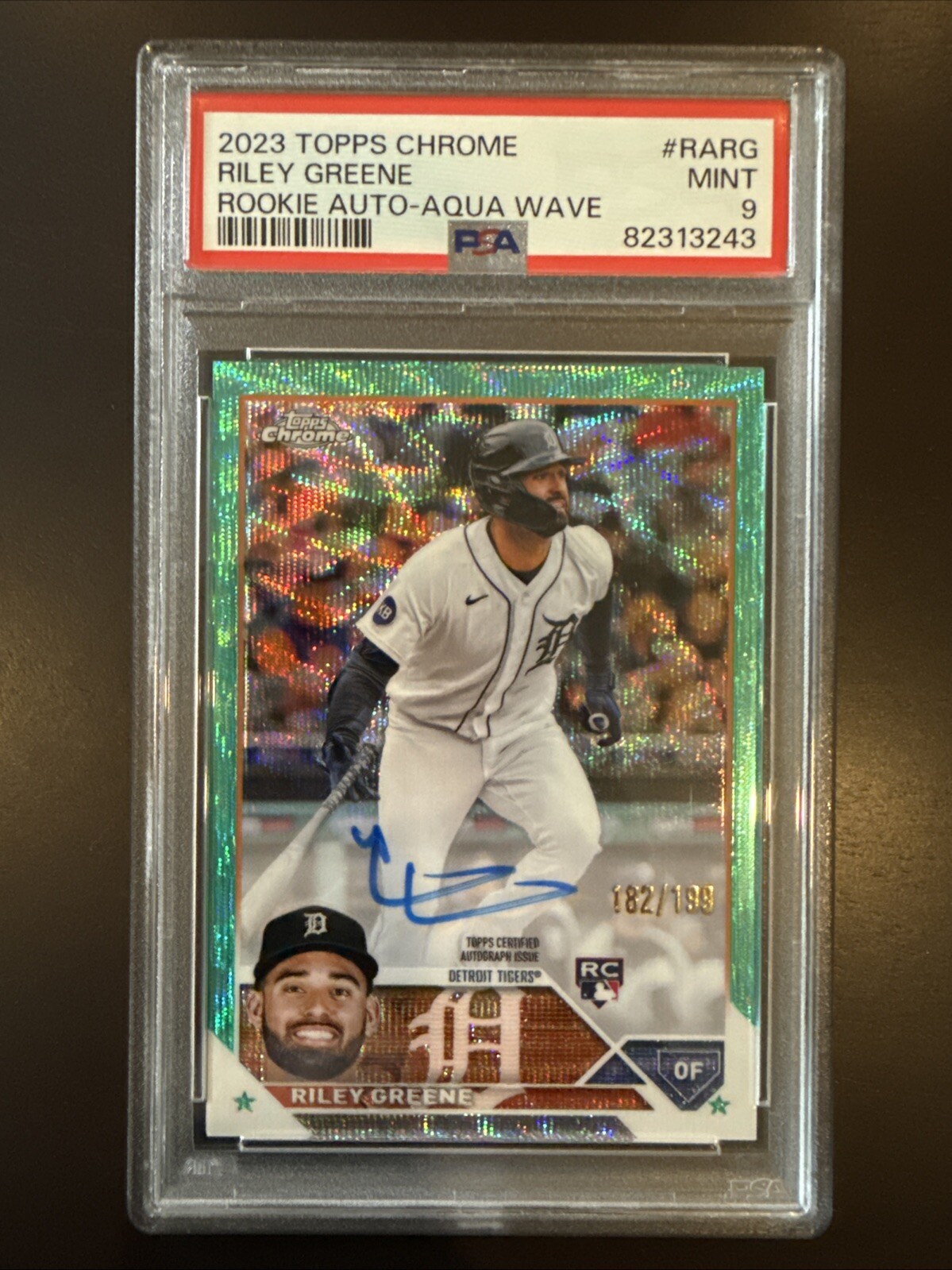 2023 Topps Chrome Riley Greene ROOKIE AUTO #RARG Aqua Wave Refractor /199 PSA 9