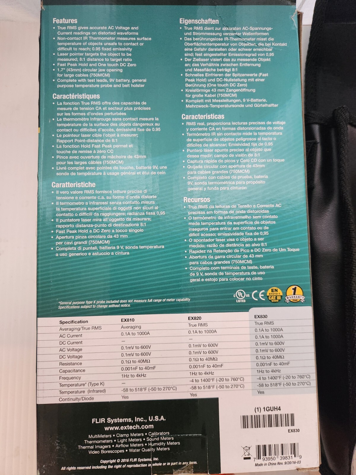 EXTECH INSTRUMENTS EX830 True RMS 1000 Amp AC/DC Clamp Meter/IR Thermometer(new)