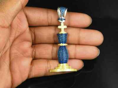 14K White Gold Over Blue Canary Diamond King Chess Piece Pendant Pave Charm 3 CT