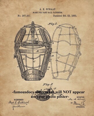 8x10 Baseball Catcher Mask Photo Poster PATENT Design ART Print Mancave Decor