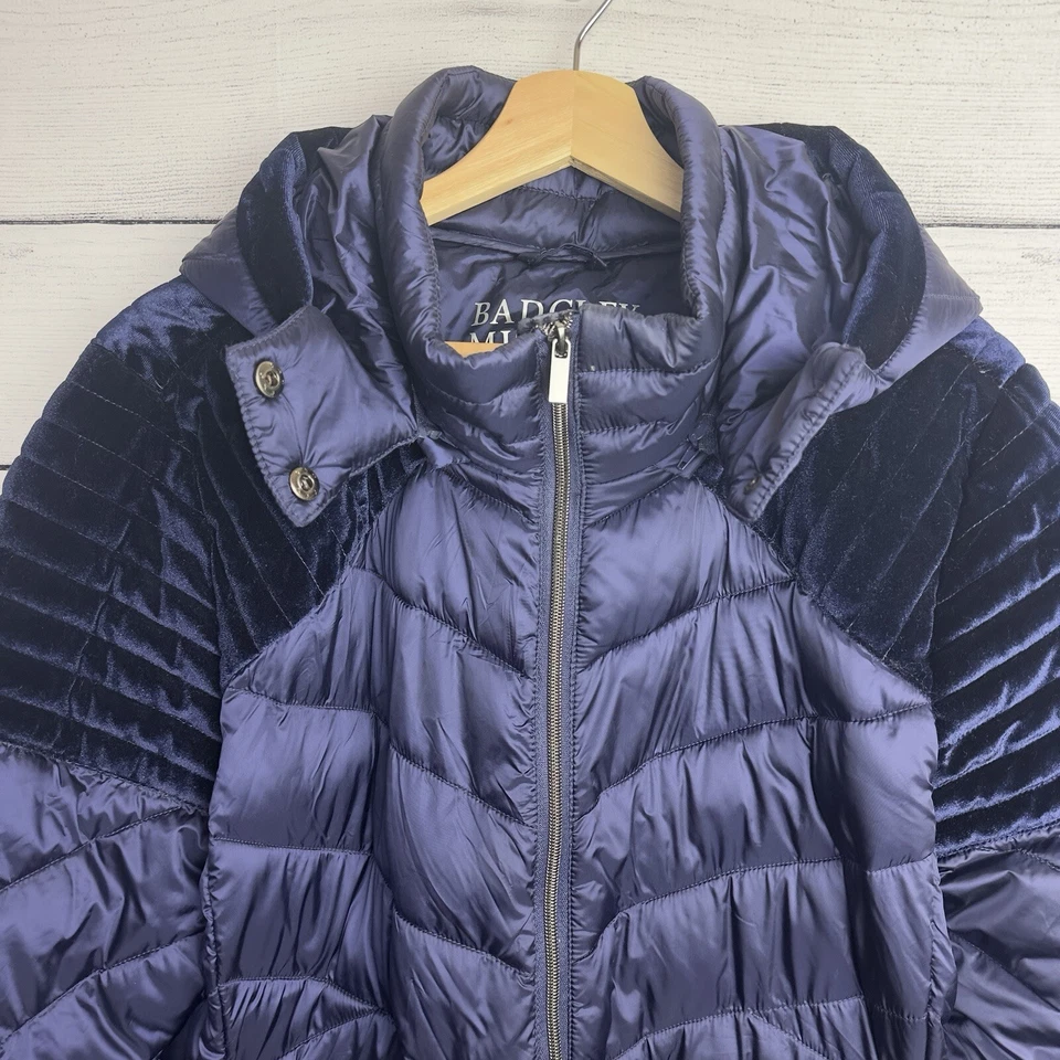 Abrigo Badgley Mischka Mallory Puffer Embalable Azul Terciopelo Acolchado Nylon Talla XL Foto 4 de 4