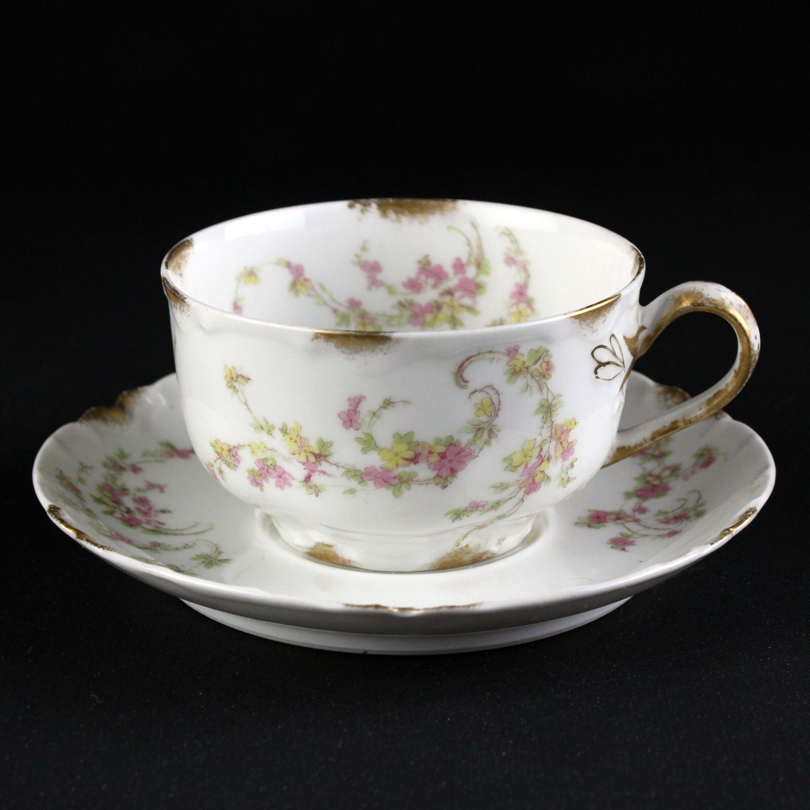 Haviland Limoges Norma Pink Yellow Floral, Gold Cup & Saucer Set