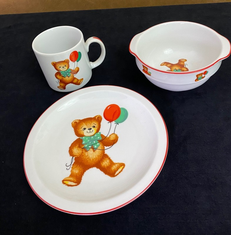 REUTTER Teddy Bear Dish Set Porcelain Vintage  Child Bowl Plate & cup Germany