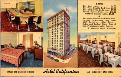 Linen Postcard Multiple Views of Hotel California in San Francisco, California