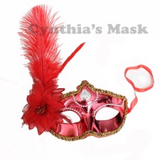 Red Shiny Metallic Venetian Masquerade Mask w/Ostrich Feather Prom Halloween