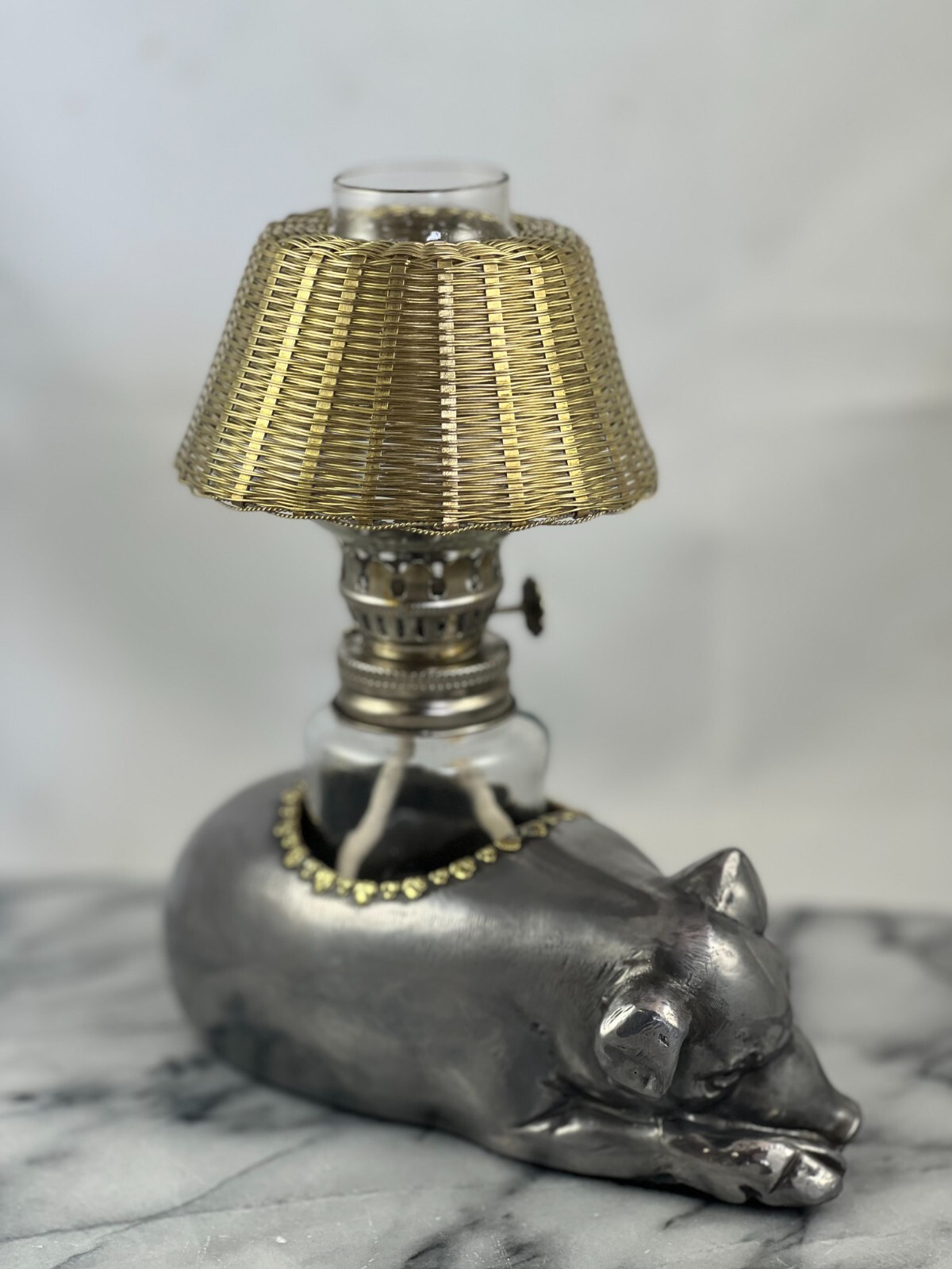 Vintage Morton's Steakhouse Pewter Sleeping Pig Lamp Petite Choses