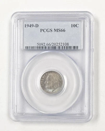 1949 D US Mint 90% Silver 10 Cent Roosevelt Dime Coin Certified PCGS MS66