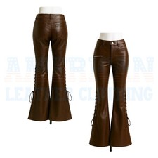 Handmade Women  s Leather Flared Pants with Lace-Up Detailing Genuine Leather