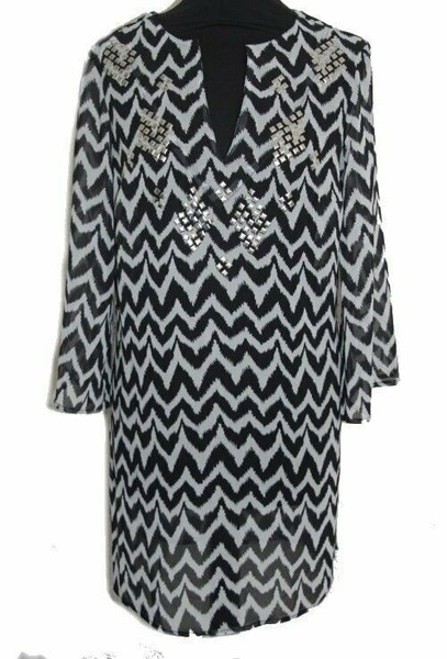 Bluse Damenbluse 3/4 Arm Leicht Transparent Schwarz Weiss Zickzack Gr. 36 Neu-image