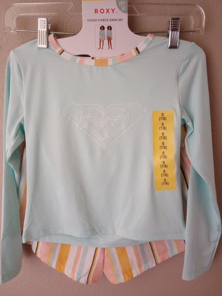 Roxy Niñas Talla Pequeña 7/8 Lt Azul Rashguard Bikini Pantalones Cortos 3 Piezas Conjunto de Natación Nuevo con Etiquetas Foto 2 de 4