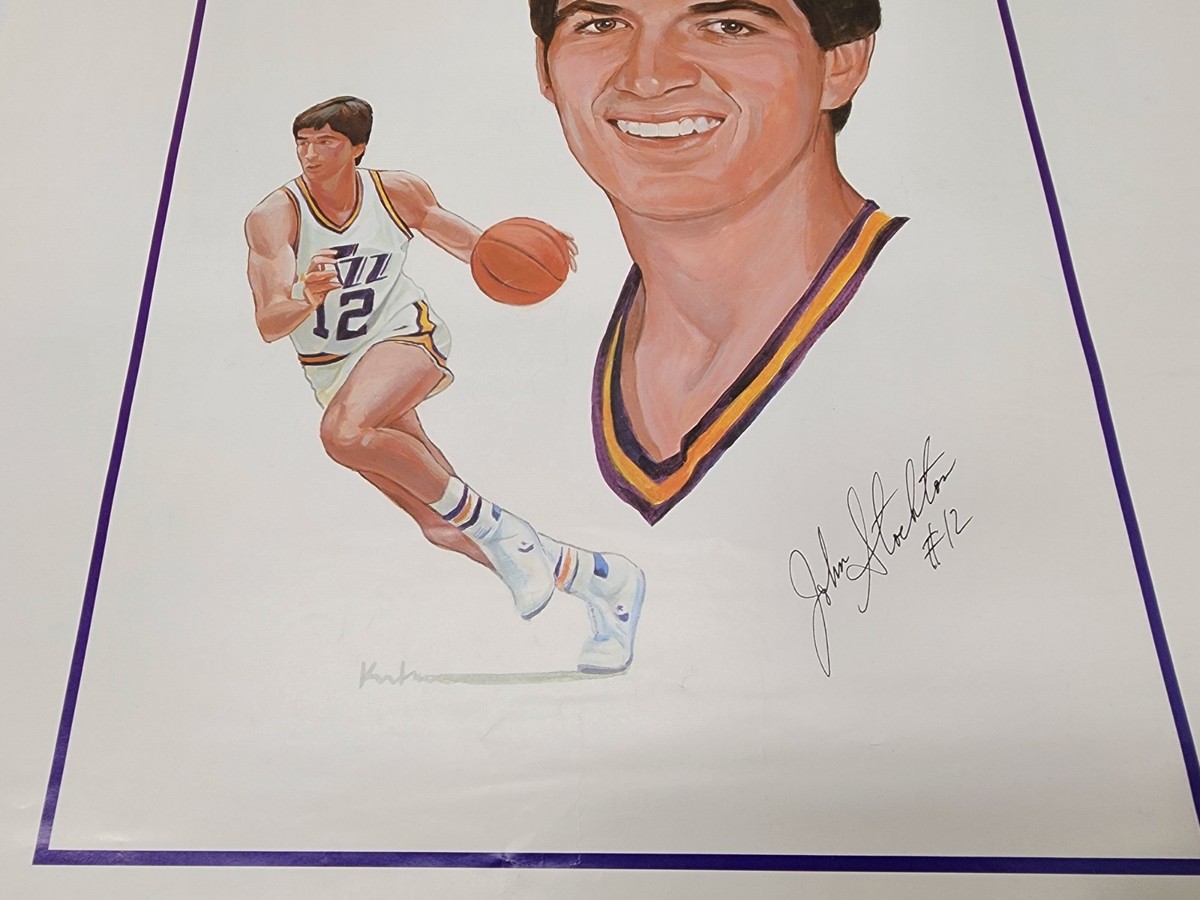 VINTAGE 80s NBA UTAH JAZZ #12 JOHN STOCKTON SIGNED PROMO POSTER