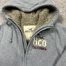 Vintage Hollister Men  s S Fur Hood Gray Full Zip Sherpa Lined Hoodie Jacket Y2k