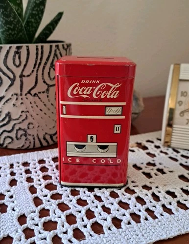 VTG '50s Coca Cola Retro Tin Refrigerator Coin Bank Collectible Coke Advertising