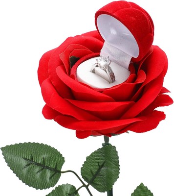 Noble Red Rose Ring Box Jewelry Case Engagement with Stem 