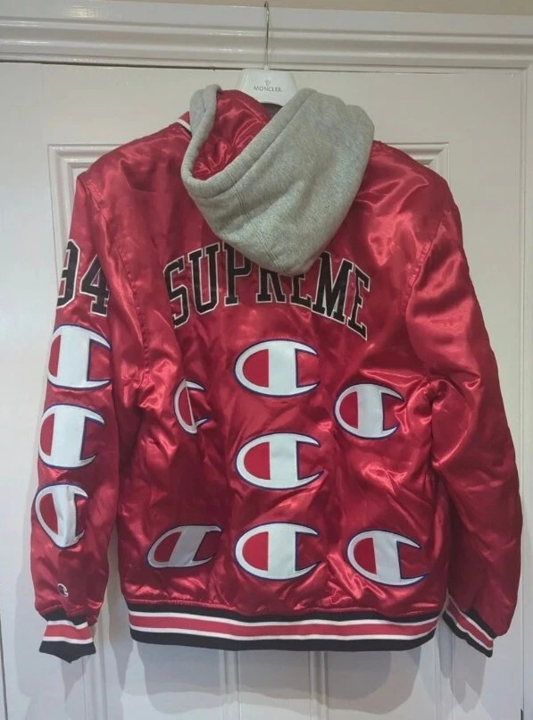 FW18 Supreme x Champion Hooded Satin Varsity Jacket size L Large Red