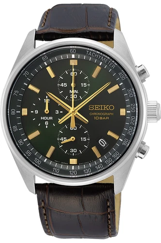 SEIKO SSB385P1 SSB385 ,Men's Chronograph,Stainless,Green Dial,Leather,100m WR