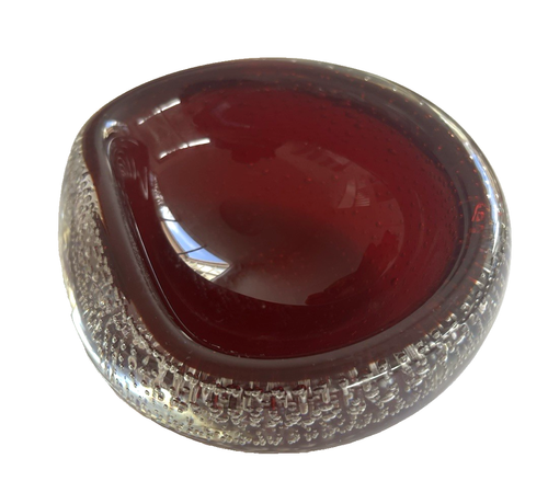 Barovier & Toso Murano Bullicante Triangular Geode Dark Red Glass Bowl. Bubbles